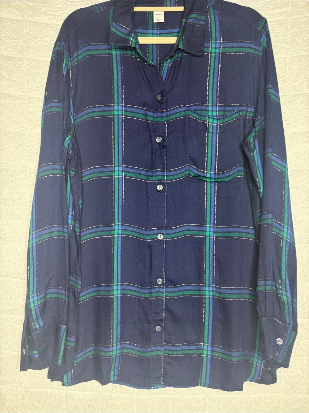 Old Navy Navy Plaid Button-Down Shirt with Green Stripes